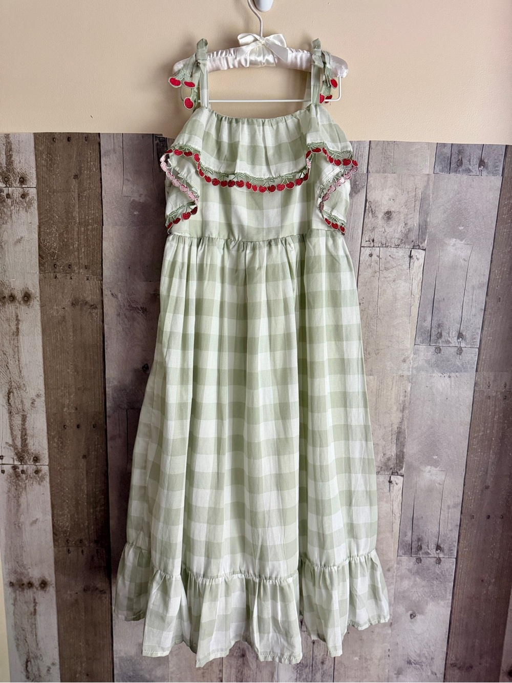 Girls Light Green Gingham Maxi Dress with Red cherry trim